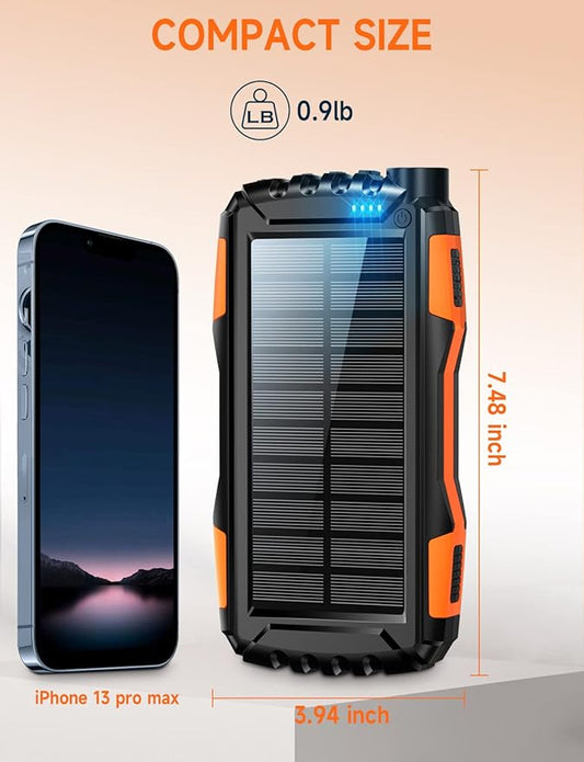 Solar Power Bank, High-Capacity 20,000mAh, USB C, Fast QC 3.0 Charging for iPhone, Android, Google Devices