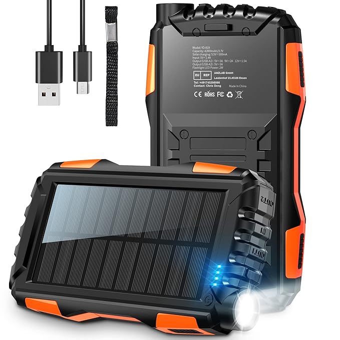 Solar Power Bank, High-Capacity 20,000mAh, USB C, Fast QC 3.0 Charging for iPhone, Android, Google Devices