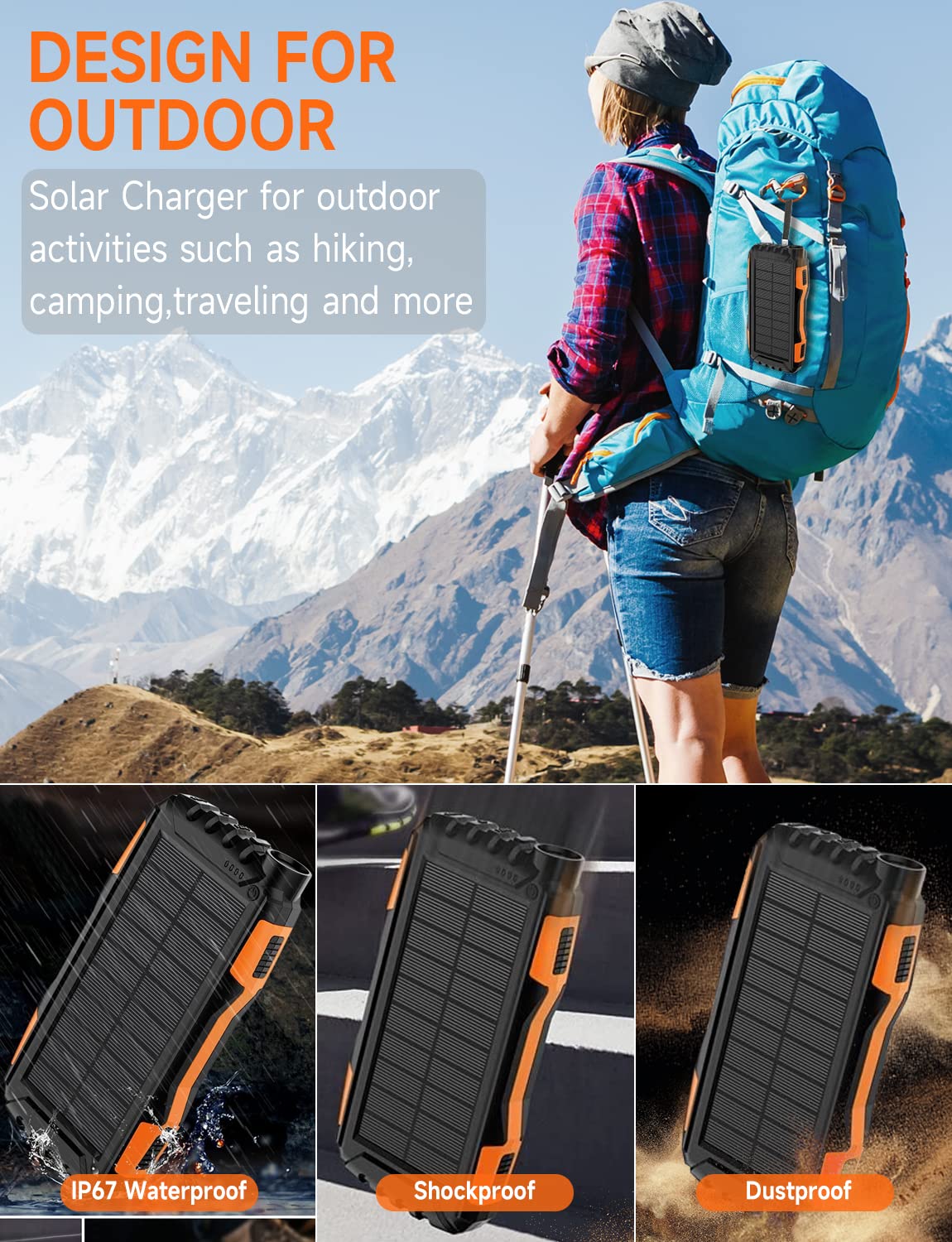 Solar Power Bank, High-Capacity 20,000mAh, USB C, Fast QC 3.0 Charging for iPhone, Android, Google Devices