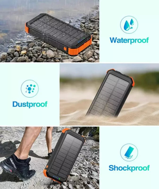Solar Power Bank, High-Capacity 20,000mAh, USB C, Fast QC 3.0 Charging for iPhone, Android, Google Devices